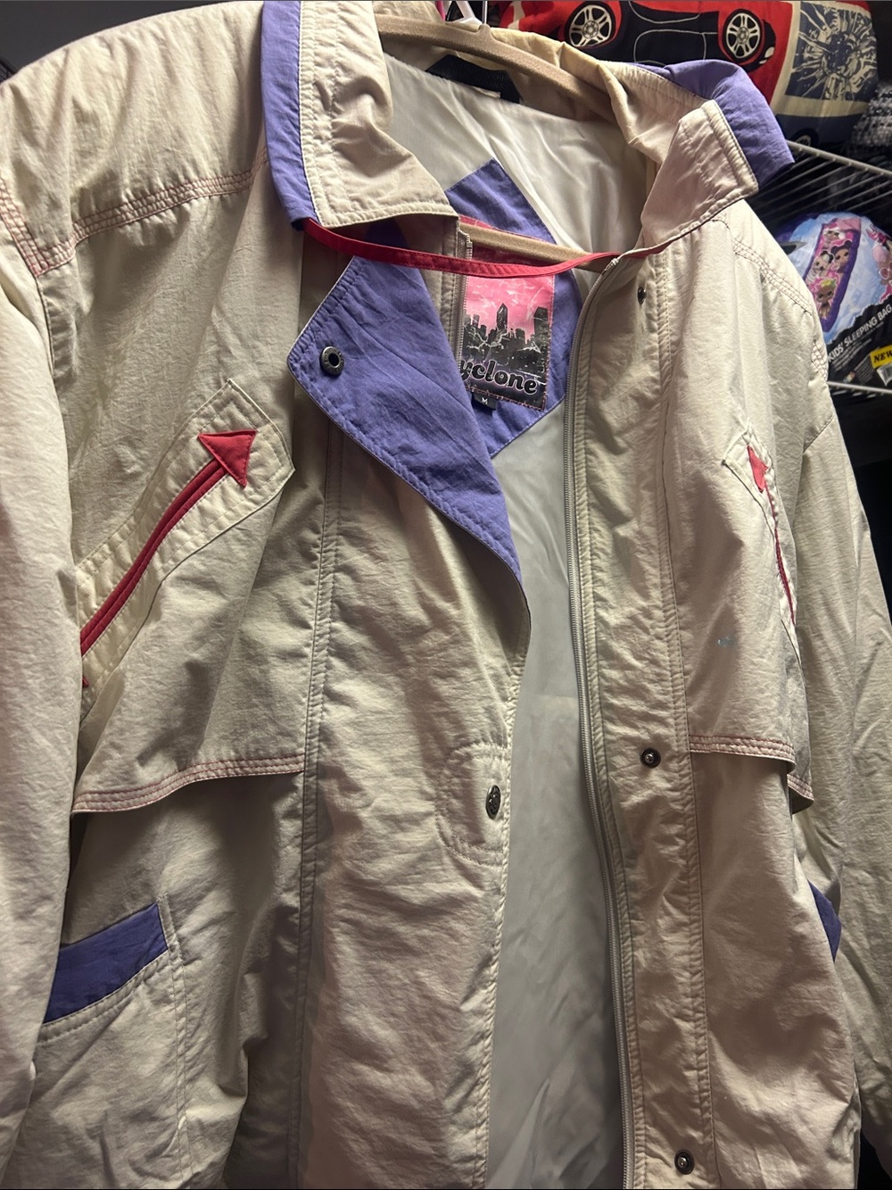 Light Beige Trench Coat with Lavender Trim and Pink Accents